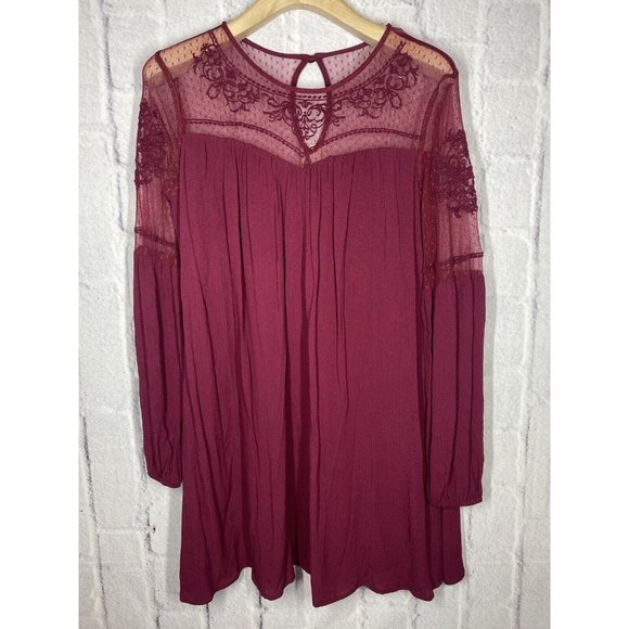 Francesca Blue Rain Sheath Straight Dress Size S‎ Red Burgundy Laced Long Sleeve - Picture 1 of 13